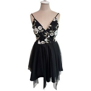 Vtg Black Embroidered Floral Appliqué Dress sz S Tulle Asymmetric Y2K Whimsigoth